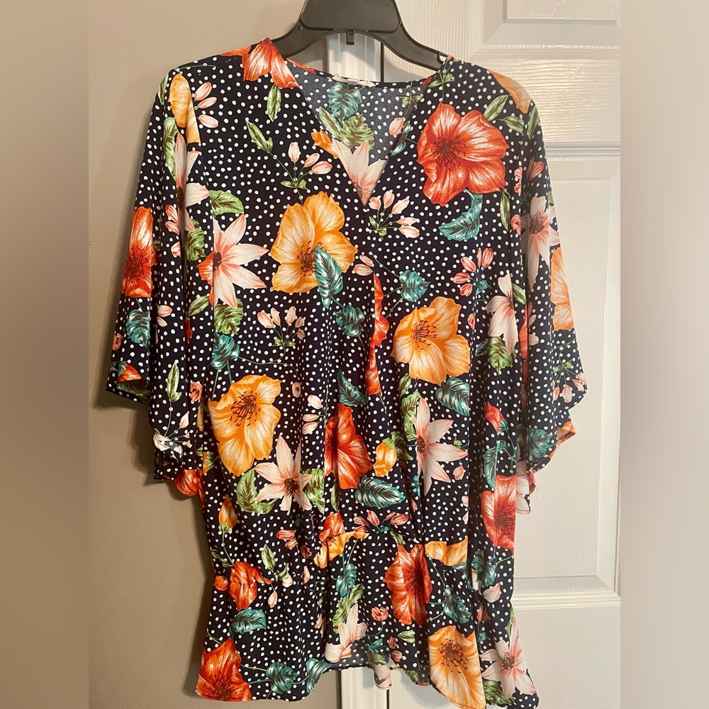 Easel Floral Print Polka Dot V Neck Tunic Top 3/4 Sleeve Oversized Sz Medium